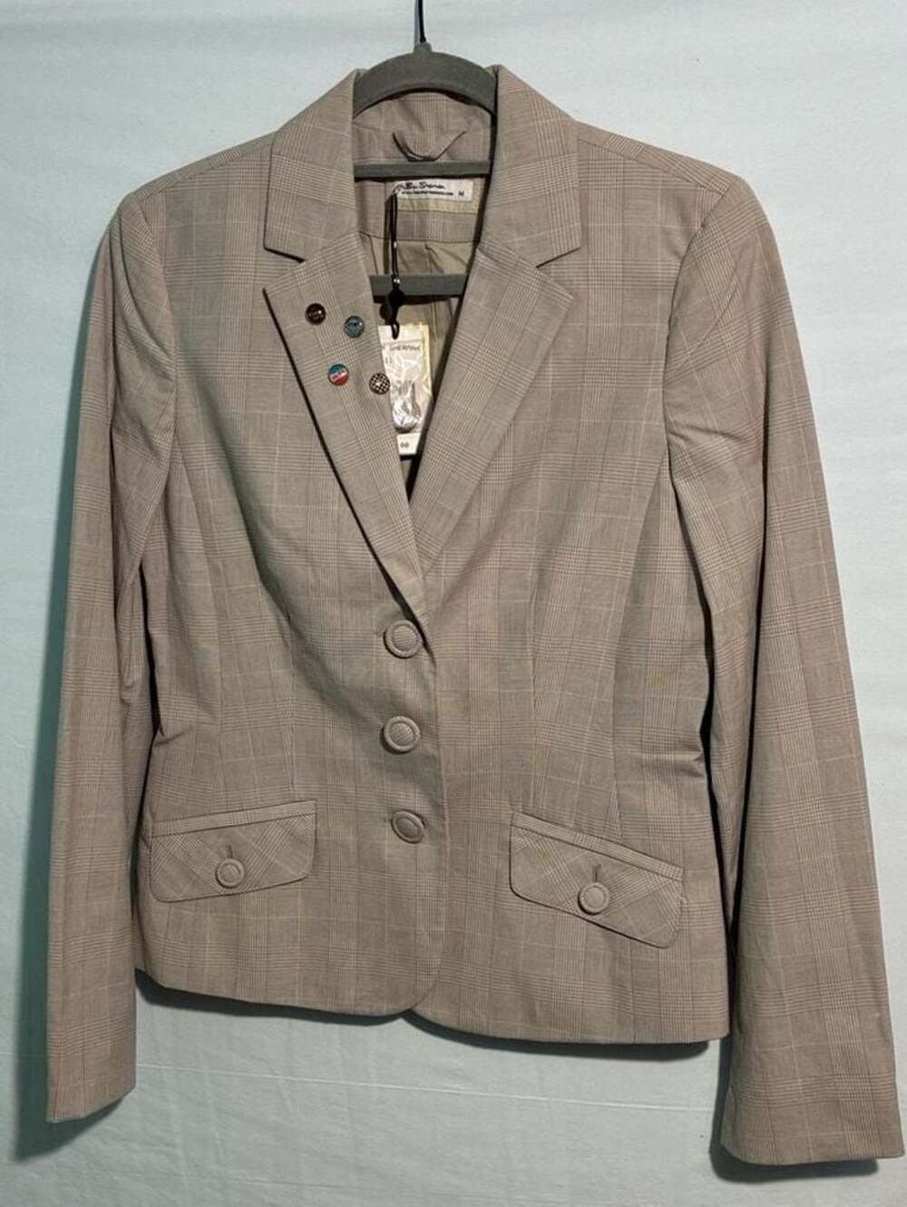 Ben Sherman Women's Brown Plaid Safari Blazer Jacket with Flair Pins NWT